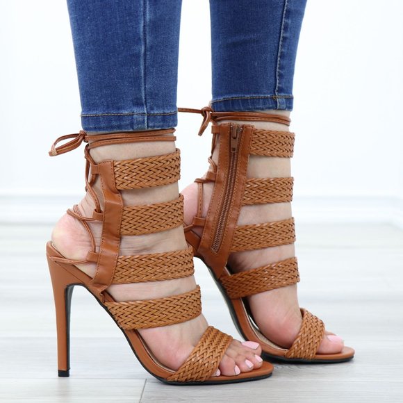 Glam Gladiator Style Strappy Brown High Heel Stiletto Sandals - Picture 3 of 12